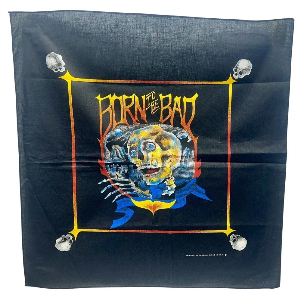 VINTAGE SKULL BORN TO BE BAD BIKER MACABRE BANDANA 24 X 23 MADE IN USA HARLEY
